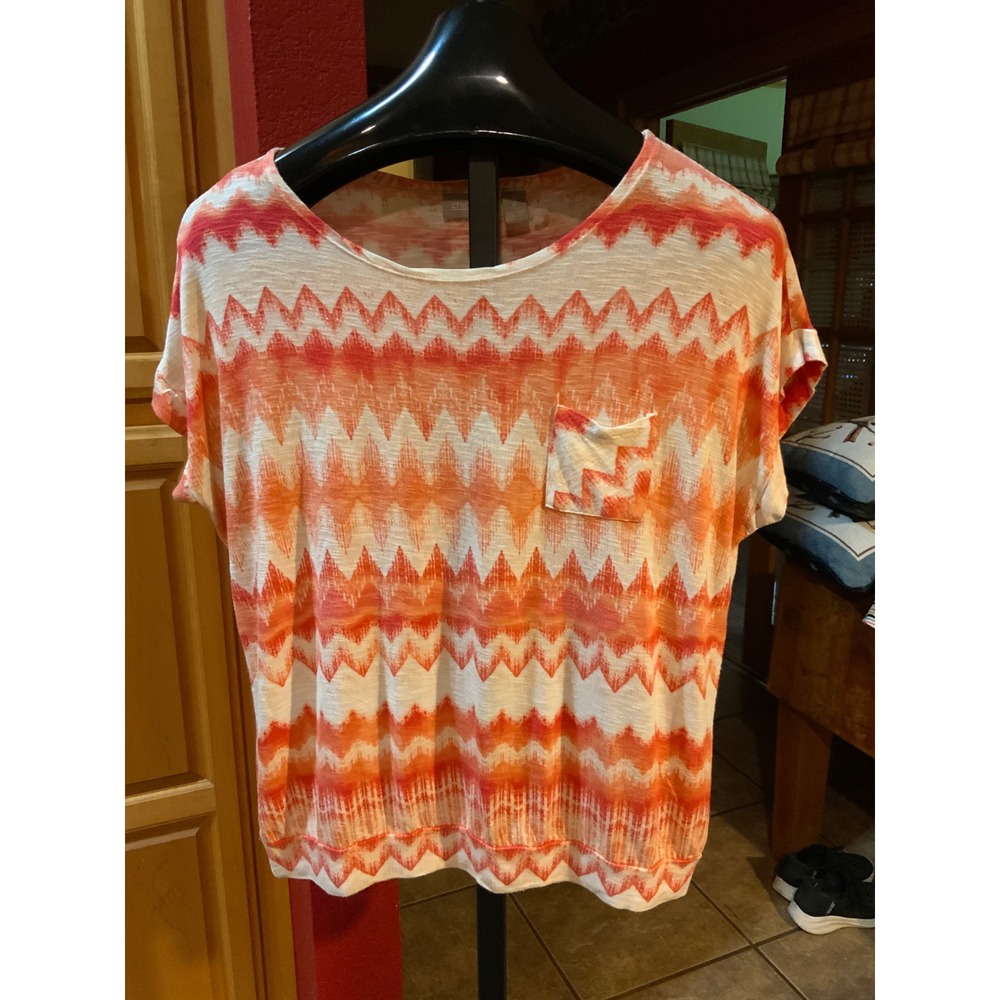 Chicos Orange Ikat Chevron Short Sleeve Pocket Top Size 2 Large